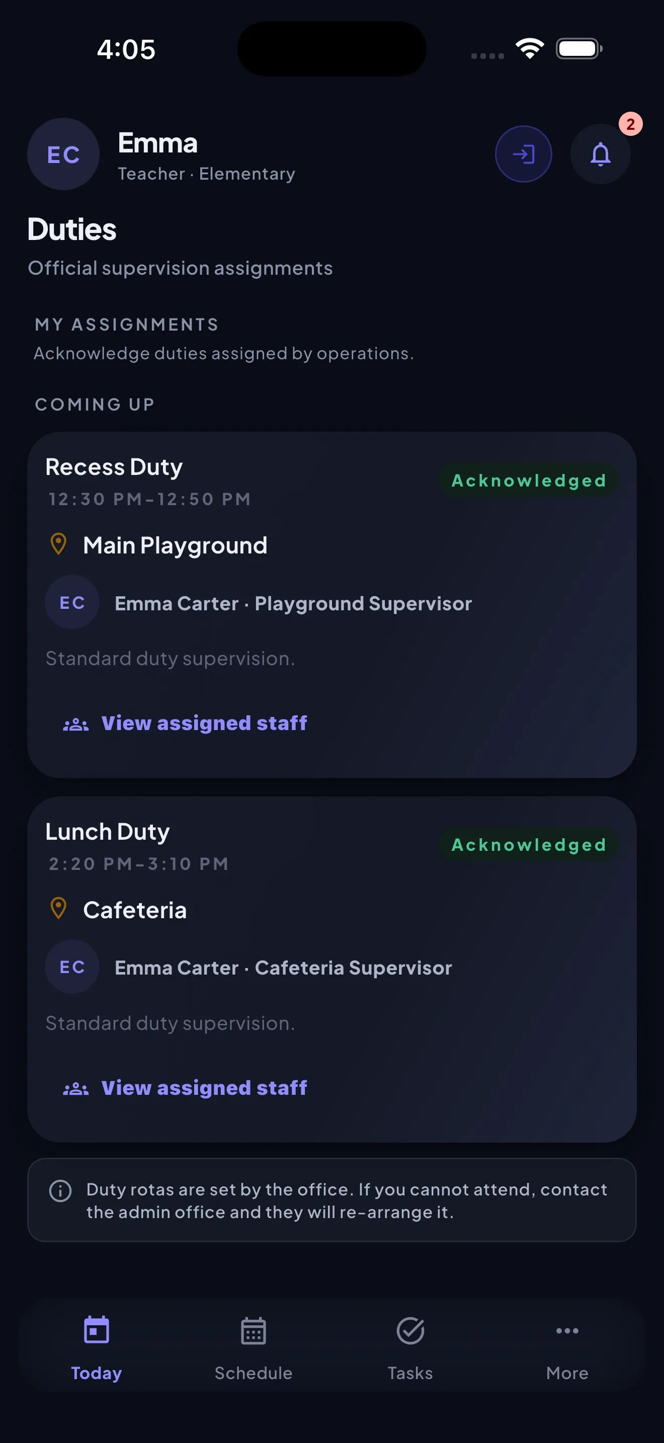 StaffHub mobile Duty screen