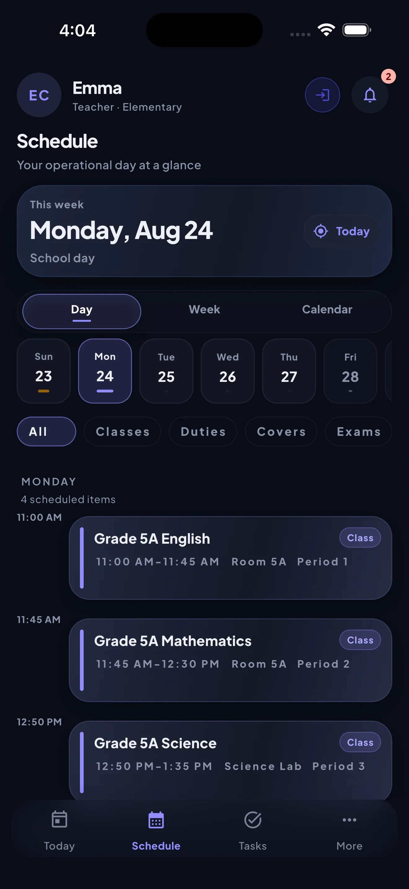 StaffHub mobile Schedule screen